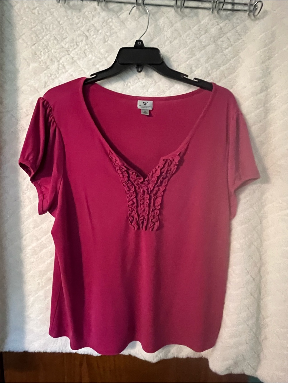 Worthington Pink Ruffle V-Neck Short Sleeve Tee